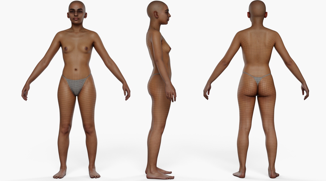 Wireframe topology overlay on a slim female 3D body scan showing clean quad mesh edge loops